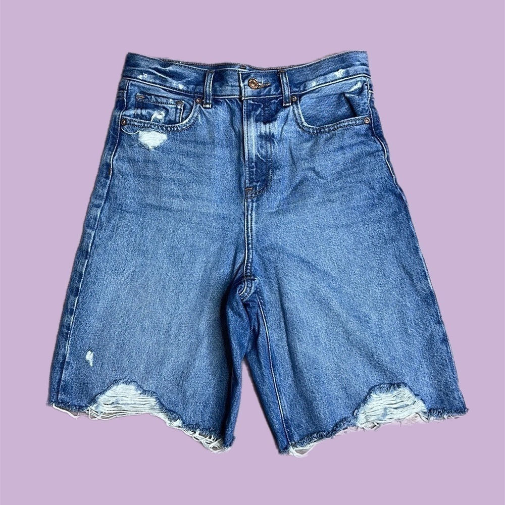 Express 90’s Super High Rise Ripped Bermuda Jean Shorts Blue Size 0